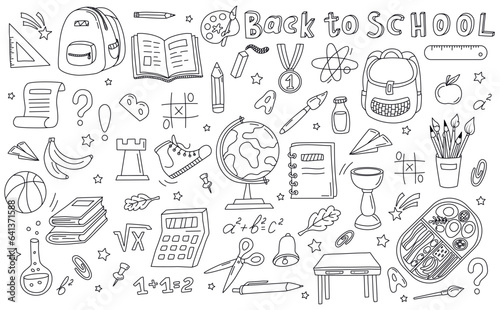 Hand drawn School object collection. Back to School concept. School supplies, doodle. Sketch icon set. Good for wrapping paper, stationery, scrapbooking, wallpaper, textile prints. Vector illustration