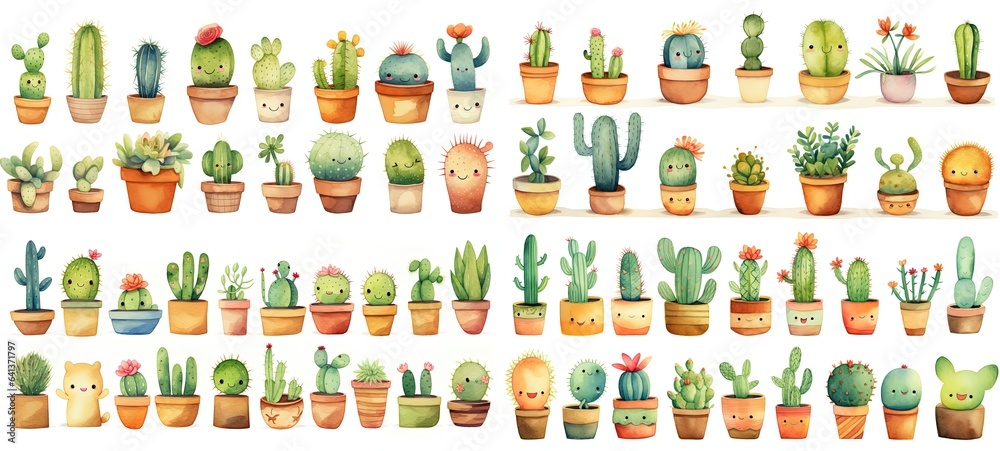 watercolor cactus and succulent pot plant set in cute cartoon style isolated on white background, children art style design, Generative Ai watercolor cactus and succulent pot plant set in cute cartoon style isolated on white background, children art style design, Generative Ai