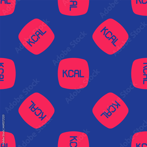 Red Kcal icon isolated on isolated seamless pattern on blue background. Health food. Vector