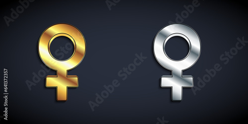 Gold and silver Female gender symbol icon isolated on black background. Venus symbol. The symbol for a female organism or woman. Long shadow style. Vector
