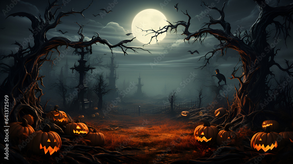 Illustration of a spooky house with Halloween pumpkins, jack-o-lantern 4