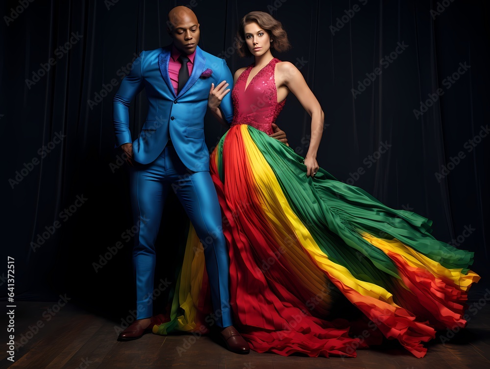  An image of a muscular man wearing a vibrant rainbow - colored dress, standing confidently next to a woman wearing colorful pants.