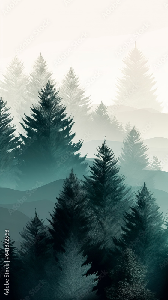 Dark blue mountain landscape with fog and forest, generative AI.