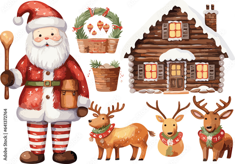 Fototapeta premium Watercolor cozy set of christmas, full color, knitted painting texture.
