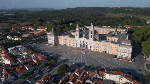 Aerial view of the 18th-Century Royal Convent and Palace of Mafra, a monumental Baroque and Neoclassical palace-monastery located in Mafra, Lisbon District, Portugal. 