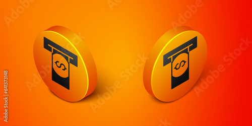 Isometric ATM - Automated teller machine and money icon isolated on orange background. Orange circle button. Vector