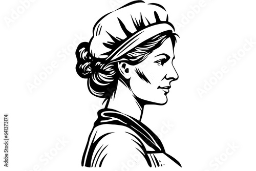Hand drawn ink sketch of female baker or cook. Design for logotype, icon, advertisment. Engraved style vector illustration