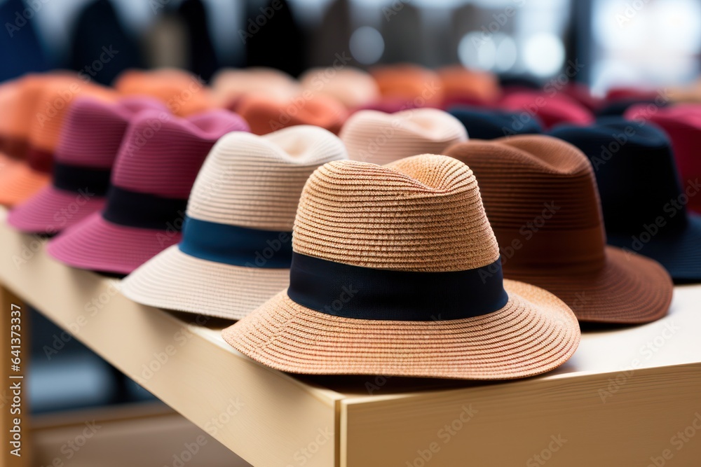 fashion showcase of hats in assortment of retail store. 