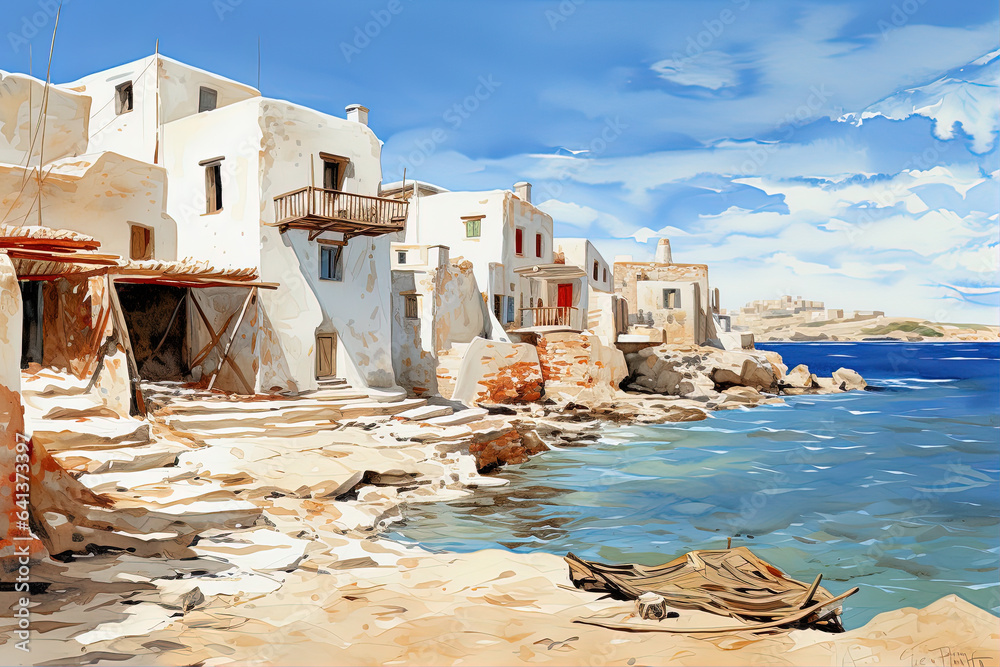 Beautiful island town in Greece. AI generated waterwashed illustration, painting style, whitewashed Cyclades Islands. - obrazy, fototapety, plakaty 