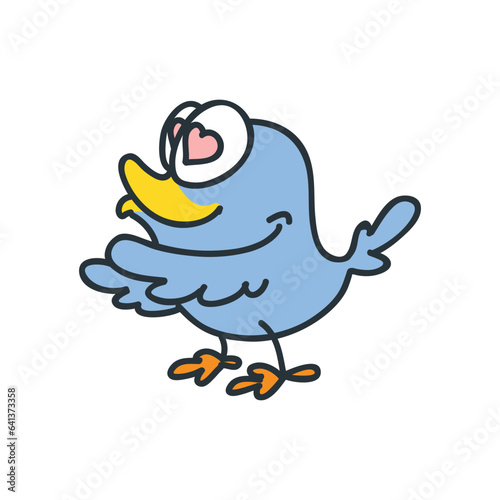 Funny doodle bird. Cartoon illustration of a blue bird with heart shaped eyes isolated on a white background. Vector 10 EPS.