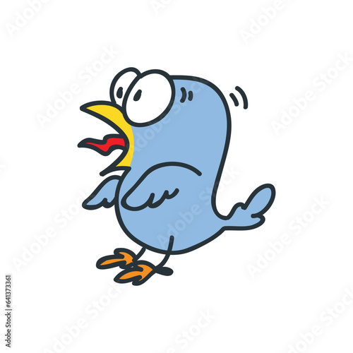 Funny doodle bird. Cartoon illustration of a scared blue bird isolated on a white background. Vector 10 EPS.