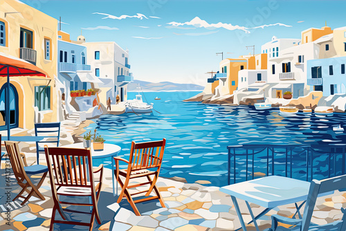 Beautiful island town in Greece. AI generated waterwashed illustration  painting style  whitewashed Cyclades Islands.