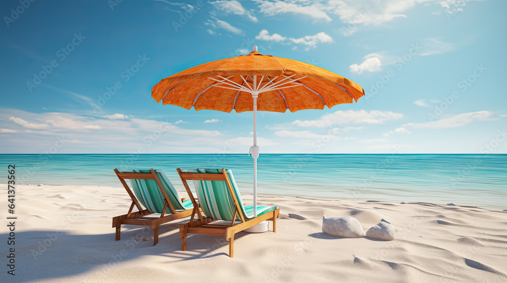 Pair of orange sun loungers and a beach umbrella on a deserted beach; perfect vacation concept