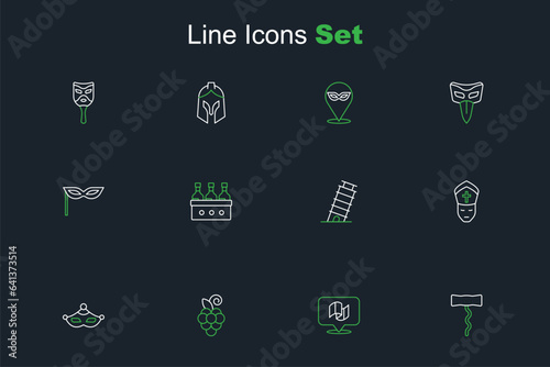 Set line Wine corkscrew, Flag Italy, Grape fruit, Carnival mask, Pope, Leaning tower Pisa, Bottles of wine and icon. Vector