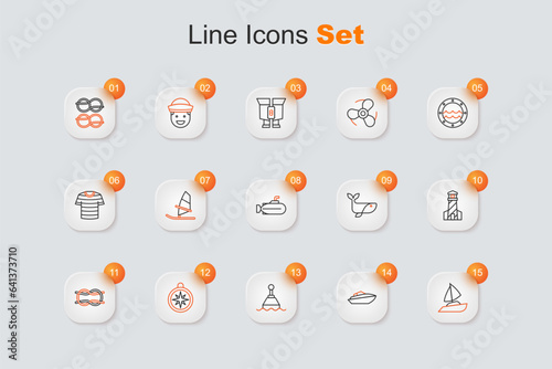 Set line Yacht sailboat, Speedboat, Floating buoy, Compass, Nautical rope knots, Lighthouse, Whale and Submarine icon. Vector