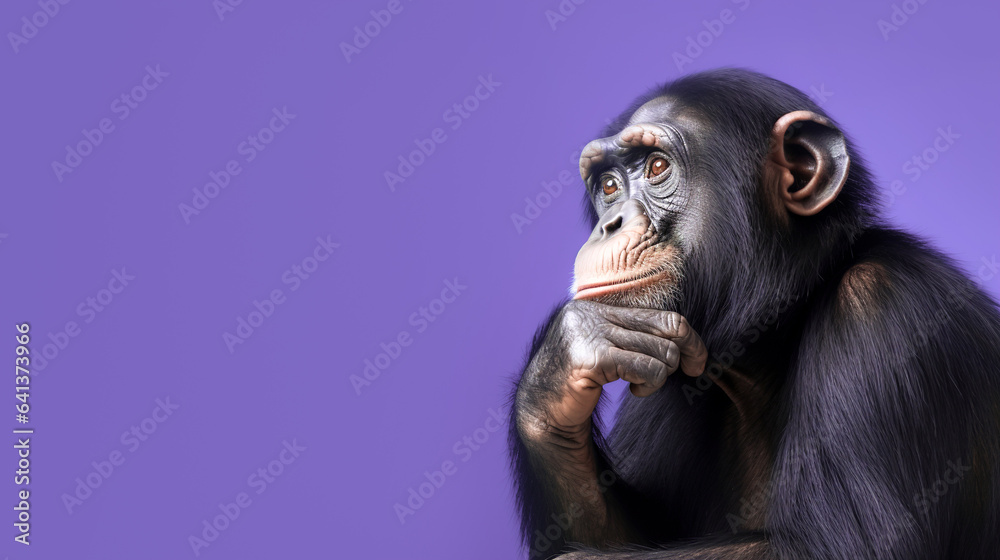 Fototapeta premium Surprised chimpanzee on a purple background