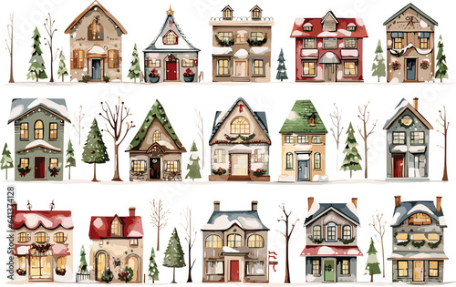 Watercolor cozy christmas village, full color, knitted painting texture.