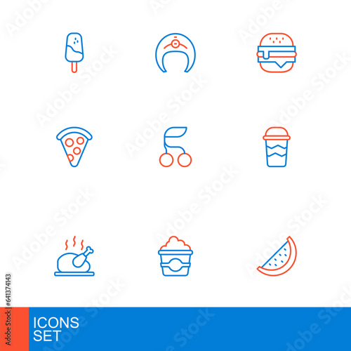 Set line Watermelon, Popcorn in cardboard box, Roasted turkey chicken, Coffee cup to go, Slice pizza, Fresh berries, Burger and Fish steak icon. Vector