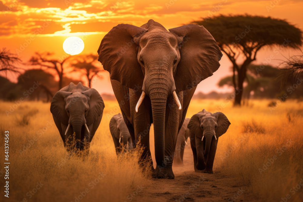 Herd of elephants in the savanna at sunset