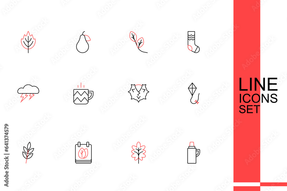 Set line Thermos container, Leaf, Calendar with autumn leaves, Kite, Chestnut, Cup of tea and Cloud and lightning icon. Vector Set line Thermos container, Leaf, Calendar with autumn leaves, Kite, Chestnut, Cup of tea and Cloud and lightning icon. Vector