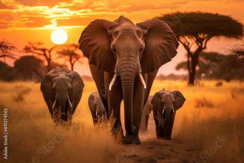 Herd of elephants in the savanna at sunset © Venka