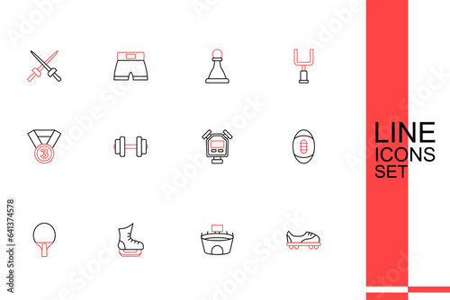 Set line Football shoes, Stadium, Skates, Racket, American, Stopwatch, Dumbbell and Medal icon. Vector