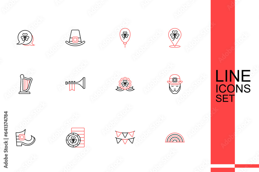 Set line Rainbow, Carnival garland with flags, Golden leprechaun coin, Leprechaun boot, Medal clover, Trumpet and Harp icon. Vector Set line Rainbow, Carnival garland with flags, Golden leprechaun coin, Leprechaun boot, Medal clover, Trumpet and Harp icon. Vector