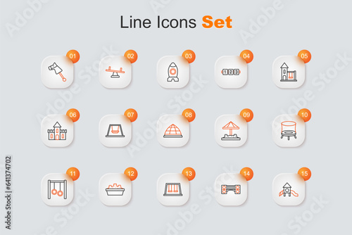 Set line Slide playground, Playground kids bridge, Swings for, Sandbox with sand, Gymnastic rings, Jumping trampoline, and climbing equipment icon. Vector