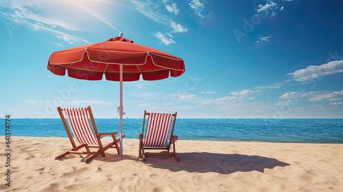 Pair of red sun loungers and a beach umbrella on a deserted beach perfect vacation concept