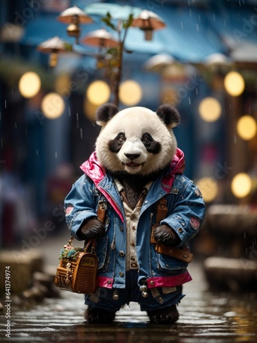 Fashionable Panda walks down the street in autumn weather, Ai