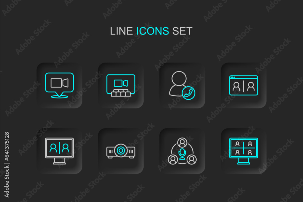 Set line Video chat conference, Meeting, Movie, film, media projector, and icon. Vector