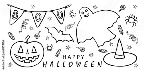 Set of cute Halloween pumpkin, ghost, bat, spider, witch hat and candies. Black line drawing sketch on white in doodle style. Vector illustration for traditional decoration, baby holiday design.