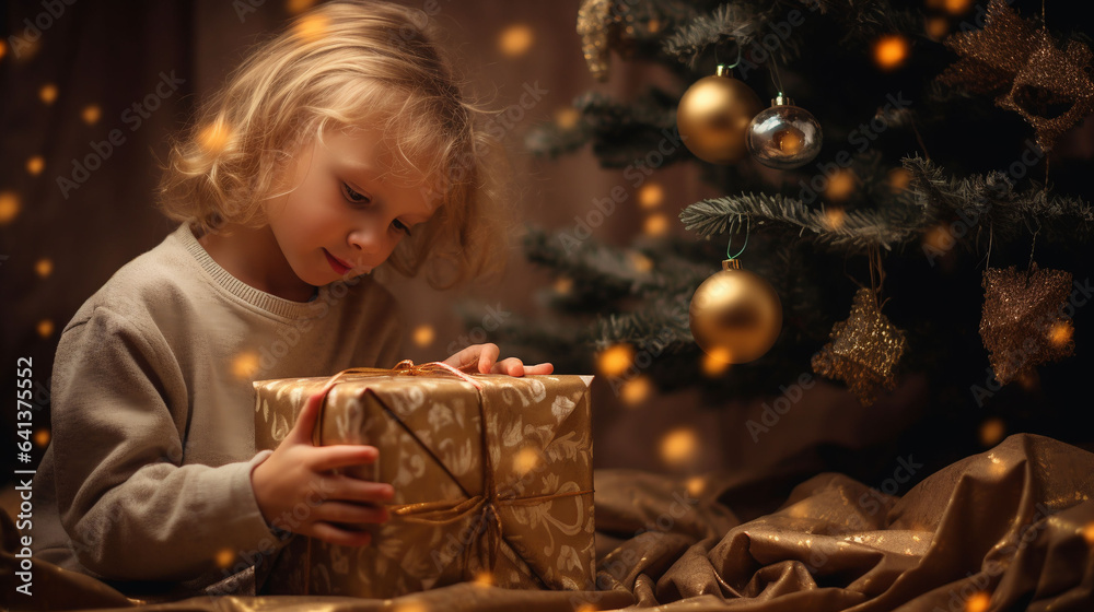 Cute child unpacks podprok near christmas tree Cute child unpacks podprok near christmas tree
