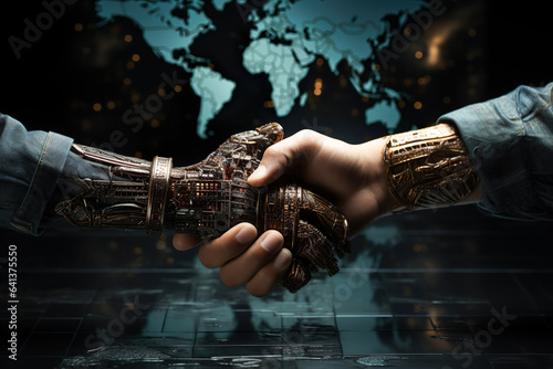 Handshake between robot and human in world map background. AI technology development, relationship between human and robot. Generative AI.