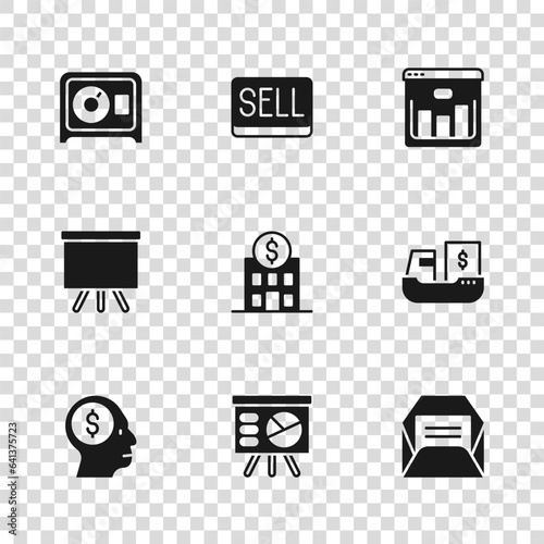 Set Board with graph, Cargo ship boxes delivery, Envelope, Bank building, Browser stocks market, Safe, Sell button and Chalkboard icon. Vector