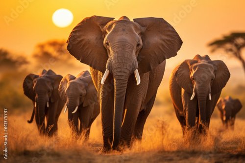 Papier peint Herd of elephants in the savanna at sunset
