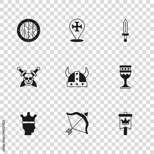Set Medieval bow and arrow, goblet, flag, Viking in horned helmet, sword, Round wooden shield, Crusade and Skull with icon. Vector