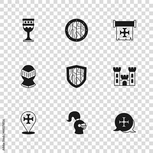 Set Medieval helmet, Castle, Crusade, Shield, goblet, Round wooden shield and icon. Vector