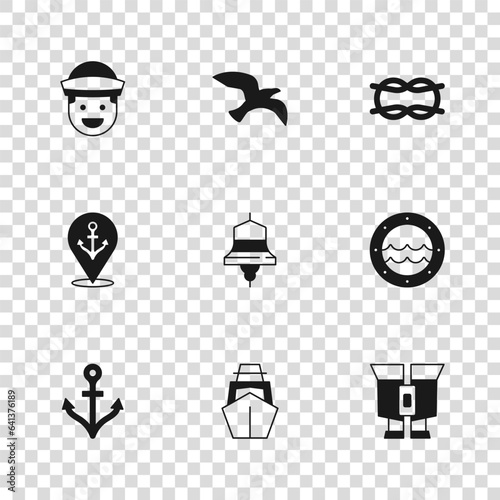 Set Yacht sailboat, Ship porthole, Binoculars, bell, Nautical rope knots, Sailor, Bird seagull and Location with anchor icon. Vector
