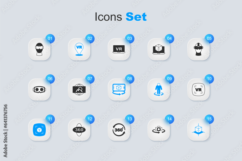 Set 360 degree view, Wide angle picture, Virtual reality, 3d modeling, glasses and icon. Vector Set 360 degree view, Wide angle picture, Virtual reality, 3d modeling, glasses and icon. Vector