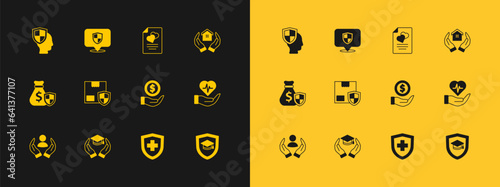 Set House in hand, Education grant, Money with shield, Life insurance, Delivery security, Marriage contract, and Location icon. Vector