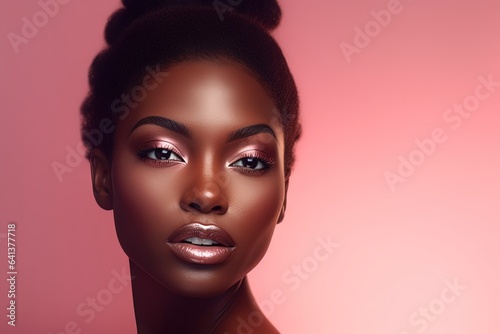 Beautiful african american woman with perfect skin on pink background.Generative Ai