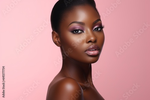 Beautiful african american woman with perfect skin on pink background.Generative Ai