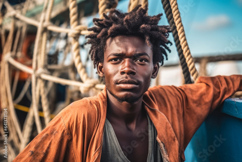 Sea boat fisher. African man working in seafood industry. Portrait on small fishing vessel. Generative AI