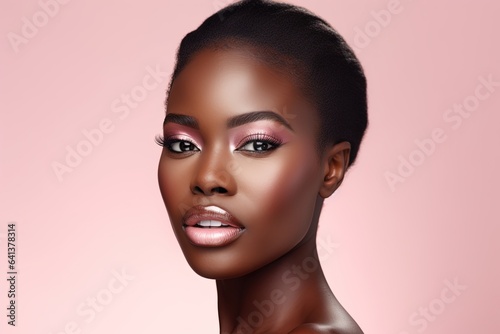 Beautiful african american woman with perfect skin on pink background.Generative Ai
