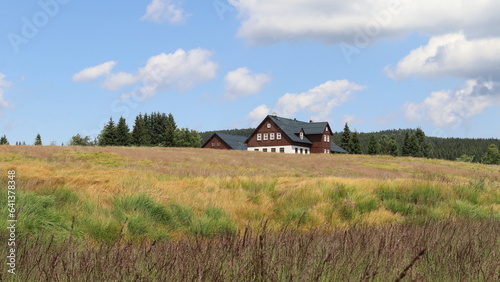 Meadow with mountain cottages, settlement in Jizerka, mountain landscape © Jitka