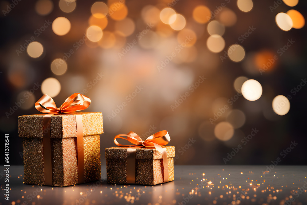 Christmas gifts box with ribbon on bokeh background.