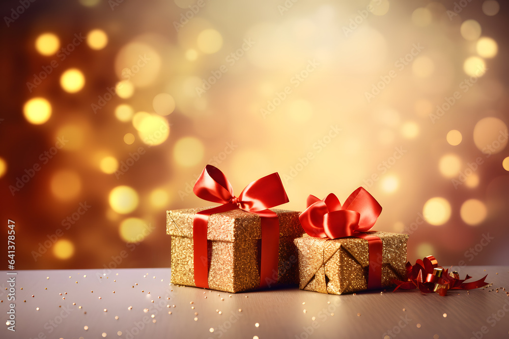 Christmas gifts box with red ribbon on bokeh background. Christmas gifts box with red ribbon on bokeh background.