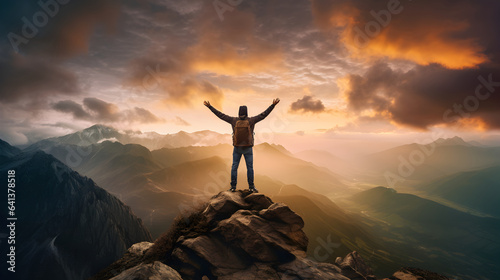 Man standing on top of a mountain peak with raised arms, wins mountain summit