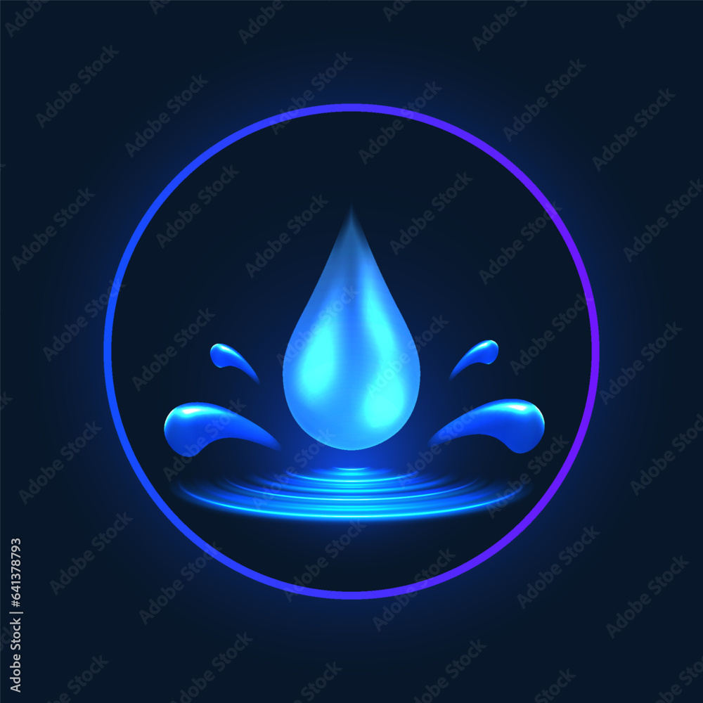 Falling water drop 3d neon glowing illustration. Water resistant and waterproof sign. Hydration and lubrication icon. Falling water drop 3d neon glowing illustration. Water resistant and waterproof sign. Hydration and lubrication icon.